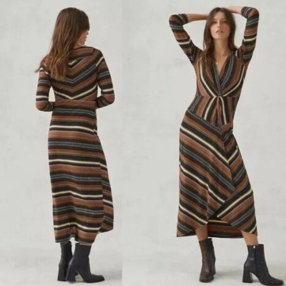 Anthropologie Dresses & Skirts - Anthropologie Maeve Black Brown Striped Knit Midi Dress